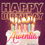 A colorful birthday cake topped with lit candles, with the words 'Happy Birthday Awentia' in bold glowing letters on a burgundy background. Animated flames add a festive touch.
