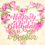 A stunning heart made of pink roses surrounds the elegant script text 'Happy Birthday Awentia' on a soft beige background. Animated sparkles add a magical and festive feel.