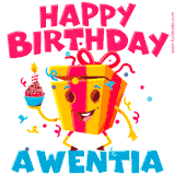 A vibrant and funny gift box character with a happy face dancing with a cupcake and the text 'Happy Birthday Awentia,' surrounded by animated confetti and party vibes.