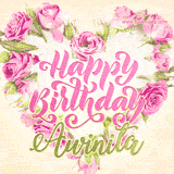 A stunning heart made of pink roses surrounds the elegant script text 'Happy Birthday Awinita' on a soft beige background. Animated sparkles add a magical and festive feel.