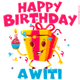 A vibrant and funny gift box character with a happy face dancing with a cupcake and the text 'Happy Birthday Awiti,' surrounded by animated confetti and party vibes.