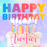 A vibrant animated name GIF with the words 'Happy Birthday Awotwi' with colorful candles on a creamy cake. The background sparkles with pastel shades, adding a festive touch.