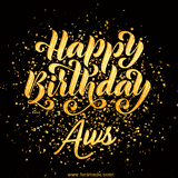 Animated GIF with colorful, festive 'Happy Birthday Aws' text decorated with patterns, a party hat, and falling confetti. A vibrant and cheerful design for birthday celebrations.