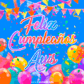 A vibrant animated GIF with 'Feliz Cumpleaños Aws' written in colorful script, surrounded by balloons, confetti, and bunting on a bright blue background.