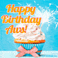 A cheerful animated GIF of a cupcake with creamy frosting, a red checkered ribbon, and a bright sparkler on top. The text 'Happy Birthday Aws!' is displayed in vibrant orange and red.