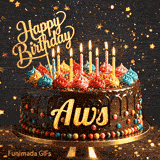 Yellow script spelling the name Aws on a classic chocolate cake with a dark glaze under warm candlelight.