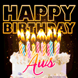 A vibrant animated GIF featuring a delicious birthday cake topped with glowing candles and the name 'Aws' in elegant script, and the words 'Happy Birthday' on the black background.