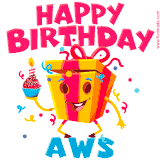A funny animated birthday GIF with the words 'Happy Birthday Awsa', colorful gift box with arms and legs, holding a cupcake with a lit candle  with confetti everywhere.