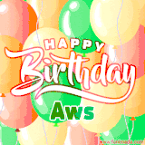Animated GIF featuring colorful balloons in the background with the cheerful text 'Happy Birthday Aws'.