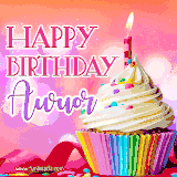 A vibrant birthday GIF featuring a rainbow-colored cupcake topped with white frosting, sprinkles, and a lit candle. The text reads 'Happy Birthday Awuor' in bold pink and violet letters with white outline.