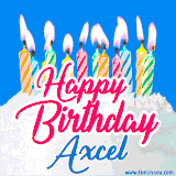 A cheerful animated GIF featuring colorful lit birthday candles on a white cake, with the text 'Happy Birthday Axcel' in bold red and blue script on a bright blue background.