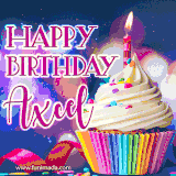 A festive animated GIF featuring a colorful cupcake with a single lit candle, sprinkles, and 'Happy Birthday Axcel' text against a sparkling, celebratory background.