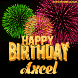A captivating GIF with bursts of green, pink, and orange fireworks lighting up the night sky, accompanied by 'Happy Birthday Axcel' in glowing golden text.