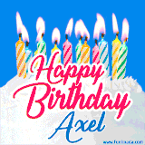 A cheerful animated GIF featuring colorful lit birthday candles on a white cake, with the text 'Happy Birthday Axel' in bold red and blue script on a bright blue background.