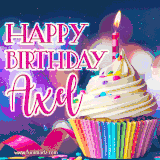A festive animated GIF featuring a colorful cupcake with a single lit candle, sprinkles, and 'Happy Birthday Axel' text against a sparkling, celebratory background.