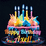 A vibrant animated GIF featuring a colorful rotating birthday cake with bright frosting swirls, glowing candles, and the text 'Happy Birthday Axel!' in rainbow colors.