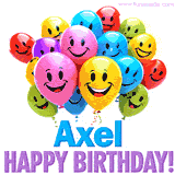 An animated birthday-themed name GIF with colorful smiling balloons and bold 'Axel, Happy Birthday!' text for a celebratory touch.