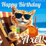 A cheerful cat wearing sunglasses, enjoying drinks on a sunny beach chair, with the text 'Happy Birthday Axel!' in bright letters.