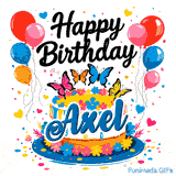Animated floral drip cake with balloon bouquets and scattered confetti, personalized with the name Axel.