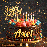 A decorated chocolate birthday cake on a golden stand with lit candles and colorful whipped cream rosettes, personalized for Axel.