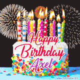 A lively happy birthday animated GIF showcasing a colorful birthday cake covered in sprinkles, topped with glowing candles, and surrounded by vibrant fireworks. The name 'Axel' is featured in elegant script.