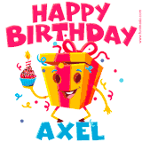 A funny animated birthday GIF with the words 'Happy Birthday Axela', colorful gift box with arms and legs, holding a cupcake with a lit candle  with confetti everywhere.