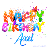 Animated GIF with colorful, festive 'Happy Birthday Axel' text decorated with patterns, a party hat, and falling confetti. A vibrant and cheerful design for birthday celebrations.