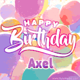 A vibrant name GIF featuring colorful balloons in shades of pink, orange, and yellow with the bold text 'Happy Birthday Axel' in festive fonts, creating a lively birthday vibe.