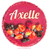 Beautifully decorated red velvet berry birthday cake with vibrant fruits and a glowing 'Axelle' name, adding a touch of sweetness and sparkle.