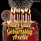 A chocolate birthday cake with glowing candles, the German text 'Alles Gute zum Geburtstag Axelle,' and vibrant fireworks lighting up the background in an animated GIF.