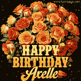 Animated bouquet of orange roses with moving butterfles and golden 'Happy Birthday Axelle' text, surrounded by sparkling accents and a dark backdrop for a luxurious feel.