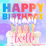 A vibrant animated name GIF with the words 'Happy Birthday Axelle' with colorful candles on a creamy cake. The background sparkles with pastel shades, adding a festive touch.