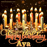 A glowing personalized birthday GIF with name Aya featuring lit candles with intricate designs, warm lighting, and the text 'Happy Birthday' in an elegant font.