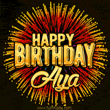 Golden 'Happy Birthday Aya' text accompanied by animated rainbow fireworks for a festive animated greeting.