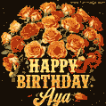 Beautiful bouquet of orange and red roses for Aya, golden inscription and twinkling stars