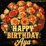 Animated bouquet of orange roses with moving butterfles and golden 'Happy Birthday Aya' text, surrounded by sparkling accents and a dark backdrop for a luxurious feel.