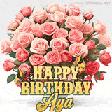 Golden 'Happy Birthday Aya' text beneath a vibrant bouquet of orange roses, complete with glittering butterflies and sparkling details.