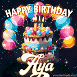 Bright birthday animation for Aya with a chocolate cake, candles, balloons, and glowing celebratory lights.