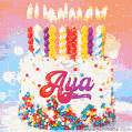 Personalized for Aya elegant birthday cake adorned with rainbow sprinkles, colorful candles and glitter