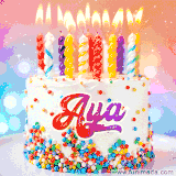 A cheerful white birthday cake with multicolor sprinkles, lit candles, and 'Aya' written in vibrant letters, in an animated GIF.