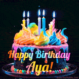 A mesmerizing animated cake with multicolor frosting and candles, and the words 'Happy Birthday Aya' on the black background.
