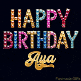 Vibrant luxury birthday greeting card for Aya, showing glittering gemstone letters and golden calligraphy on a dark background with twinkling shine effects.