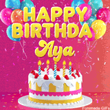 Pink-themed animated greeting with balloons, confetti, and a frosted cake under the message 'Happy Birthday Aya' in bold rounded yellow font.