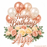 Beautiful pink and peach roses with gently moving Happy Birthday Aya text
