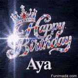 White lens flare effect glowing from crystal-encrusted cursive letters spelling Happy Birthday on a dark starry background.Aya
