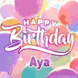 A vibrant name GIF featuring colorful balloons in shades of pink, orange, and yellow with the bold text 'Happy Birthday Aya' in festive fonts, creating a lively birthday vibe.