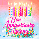 A white birthday cake covered in colorful sprinkles, topped with bright candles, and French text 'Bon Anniversaire Ayaana' on a pastel gradient background in an animated GIF.