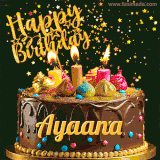 A delightful chocolate birthday cake with bright candles and 'Happy Birthday Ayaana' written in gold amidst a shower of animated stars.