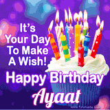 A colorful birthday GIF for Ayaat featuring a cupcake with vibrant lit candles and the text 'It's Your Day to Make a Wish! Happy Birthday Ayaat' in bold letters on a festive purple background.