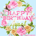 A charming animated GIF featuring 'Happy Birthday Ayaat' in pink and green text, surrounded by delicate roses, leaves, and fluttering butterflies on a soft light blue pastel background.